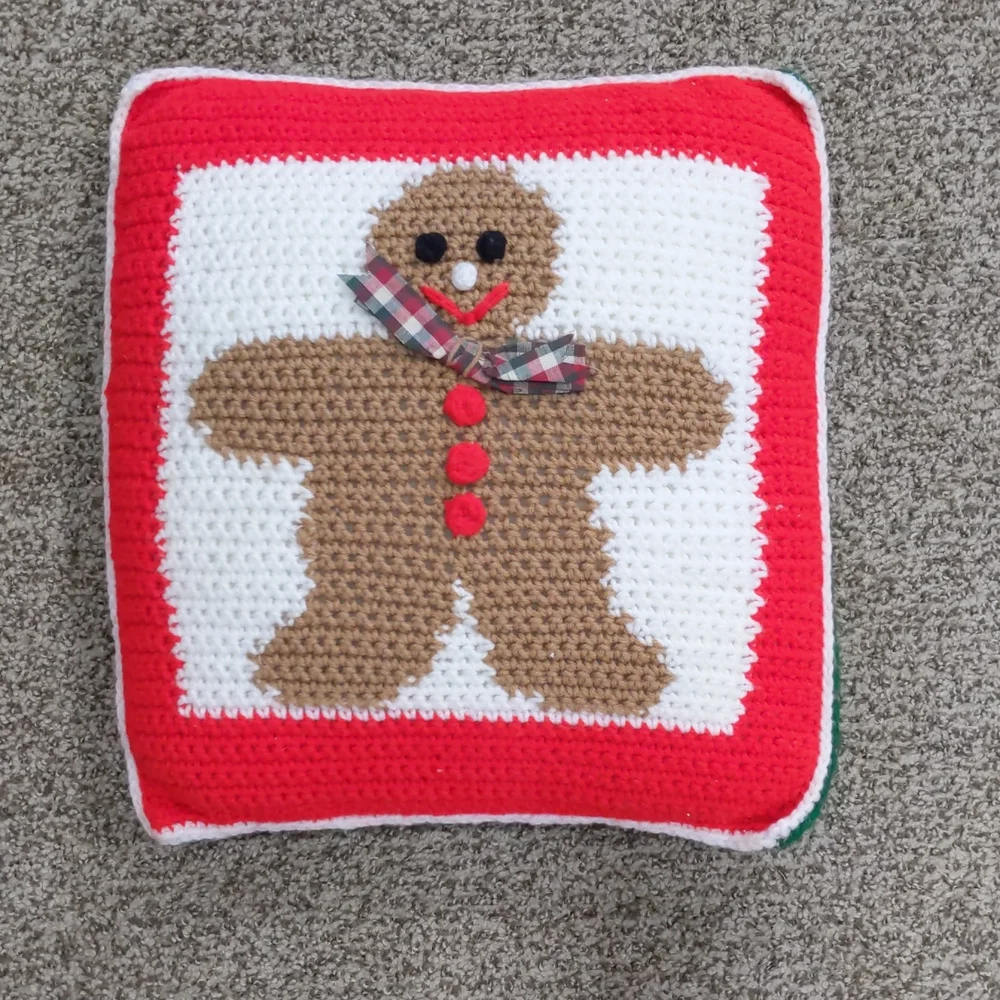 Handmade crochet gingerbread man pillow 16
